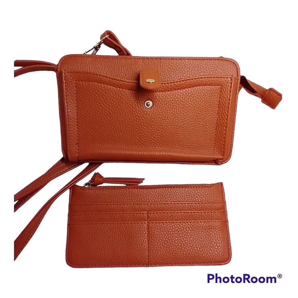 Ellie Crossbody Wallet Cellphone Purse Orange-Brown Pebbled